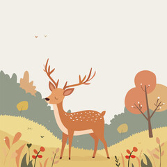 Cute deer in the forest autumn nature wildlife animal cartoon illustration background