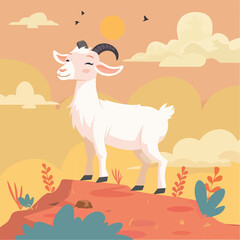 Happy Goat Cartoon Illustration Farm Animal Countryside Sunset Clouds Idyllic Nature Landscape Backgroundless