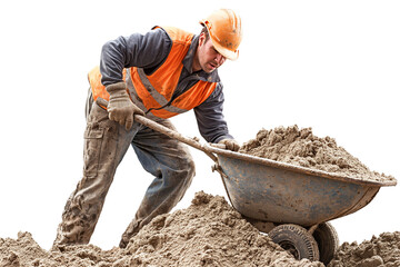 a construction worker was pushing a wheelbarrow filled with sand and soil