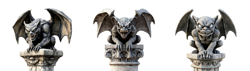Three identical gargoyle statues, each perched atop a stone pedestal, are arranged in a row, isolated on a transparent background.

