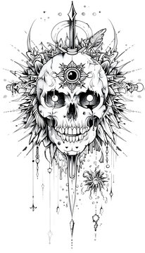 Tribal Skull and Dagger through Eye Tattoo black and white illustration