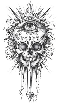 Tribal Skull and Dagger through Eye Tattoo black and white illustration
