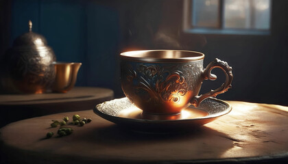 A cup of coffee on a table overlooking the garden at a cafe Seamless looping time-lapse 4k Pic Generated AI