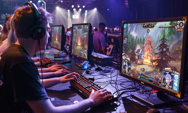 Gamer using a keyboard and mouse in a dimly lit room with multiple monitors displaying a video game.