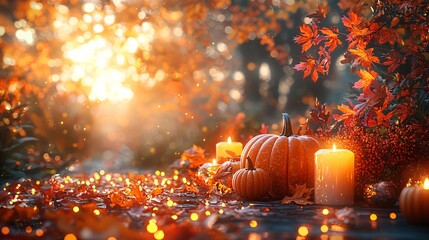 A serene autumn scene perfect for Halloween featuring pumpkins, candles, and autumn leaves, ideal for seasonal decor and events, with copy space.