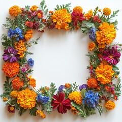 Fototapeta premium A vibrant marigold flower frame ideal for Day of the Dead celebrations, perfect for festive decorations and invitations, with copy space.