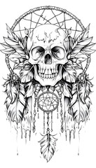 Tribal Skull and Dreamcatcher Tattoo black and white illustration