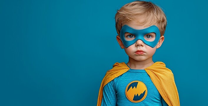 Cute young boy dressed as a superhero for Halloween, perfect for themed promotions, events, or decorations with copy space. - Powered by Adobe