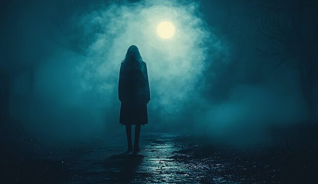 A haunting figure stands alone in a foggy night scene under a full moon, perfect for Halloween designs and eerie themes with copy space. - Powered by Adobe