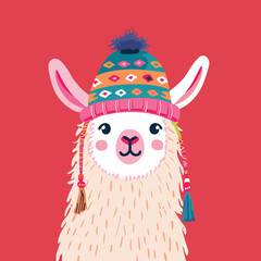 Cute Llama Alpaca Winter Hat Knit Beanie Warm Cozy Animal Illustration Design Graphic Clipart Isolated Festive Holiday Christmas New Year © PNG