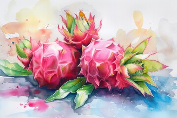 watercolor Dragon fruit beautiful fruit with leaves,white background