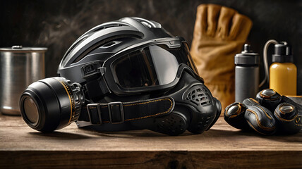 Protective Gear on Table Helmet Goggles and Gloves, Construction site health and safety concept. Ai generative