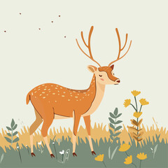 Cute Deer Walking In The Grassland Wildlife Nature Animals Illustration Background