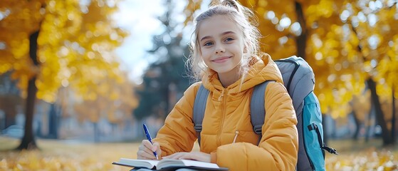 A cheerful girl with a backpack writing in a notebook amidst vibrant autumn leaves. Capturing the joy of learning in nature.