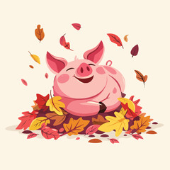 Happy Pig Relaxing In Autumn Leaves Fall Foliage Farm Animal Illustration