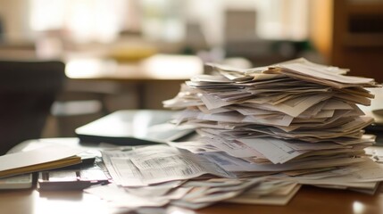 Pile of unpaid bills on a desk, representing financial trouble and bankruptcy.