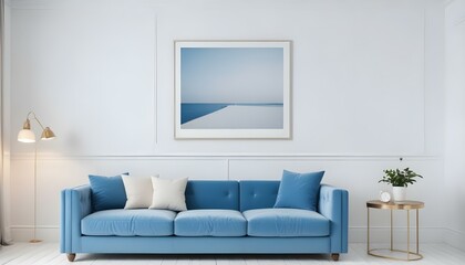 Interior mockup In a white room a blue sofa is placed next to a photo frame on the wall