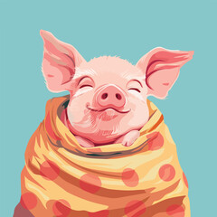 Cute Piglet Wrapped in Blanket Smiling Face Happy Animal Farm Livestock Pink Background Illustration Cartoon Character Design Commercial Use