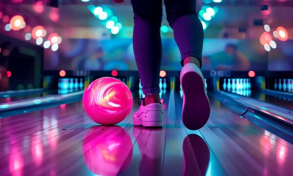 Woman's legs and bowling ball on the lane at a bowling alley with pink and blue lighting.