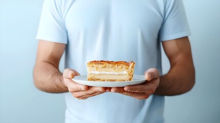 A person holds a delicious slice of cake on a white plate, showcasing the dessert against a soft blue background.