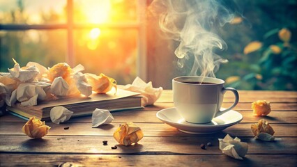 Whimsical morning scene with crumpled paper notes surrounding steaming cup on vintage wooden desk amidst pastel hues and warm golden light