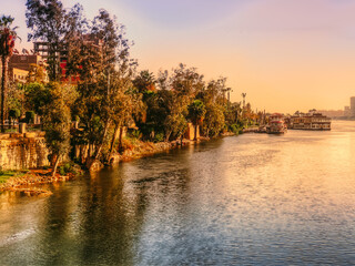 A view for the river Nile in the golden hour taken from El Manial district of Cairo, located on Rhoda Island in the Nile.
