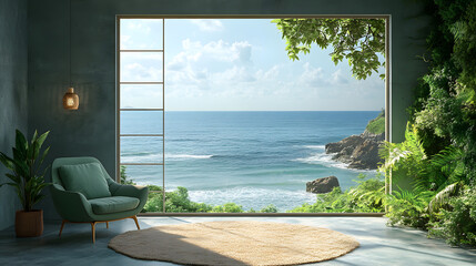 Fototapeta premium Peaceful flat with a sea view, green pastel armchair and carpet on the left, large window, sunny and quiet setting