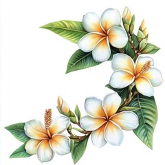 Obraz premium Frangipani with ornamental border, detailed illustration, isolated on white background, watercolor on white background, no blur, photo not dark, everything is clear, copy space