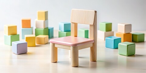 whimsical vibrant wooden toy blocks surround a miniature Scandinavian-style chair isolated on a soft focus white background with subtle warm shadows and pastel hues