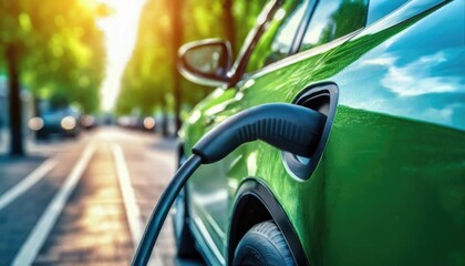A close-up view of an electric car charging on a sunny street.