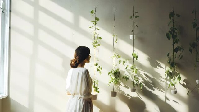 Minimalist interior design of a woman standing near hanging plants in white pots on the wal