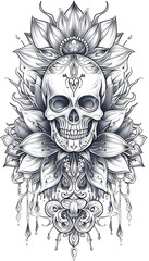 Tribal Skull and Lotus Tattoo black and white illustration