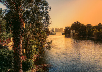 A view for the river Nile in the golden hour taken from El Manial district of Cairo, located on Rhoda Island in the Nile.