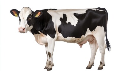 Full-body cow isolated on white, highlighting its markings and natural form, ideal for farm and agriculture concepts.