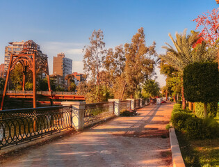 A View for the Manasterly Pedestrian Bridge and Al Manial District corniche of the river nile walkway in Cairo, Egypt.