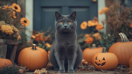 Vintage Halloween scene with classic elements like black cats, old-fashioned costumes, and retro decorations 