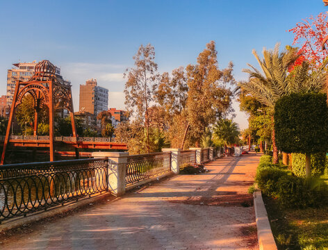 A View for the Manasterly Pedestrian Bridge and Al Manial District corniche of the river nile walkway in Cairo, Egypt.