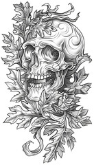 Tribal Skull and Oak Leaves Tattoo black and white illustration