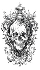 Fototapeta premium Tribal Skull and Poison Bottle Tattoo black and white illustration