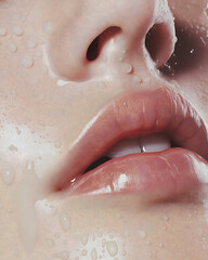 Fototapeta premium Close-Up of a Woman's Face with Water Drops, Highlighting Hydration and Natural Beauty in High-Resolution Photography