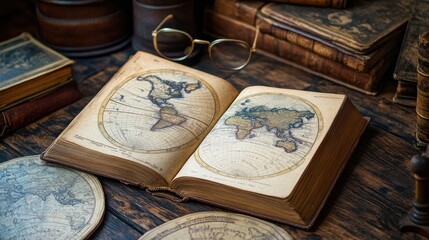 Historical world map book open on an old table with antique glasses, surrounded by ancient maps and books, perfect for a vintage setting.