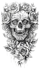 Tribal Skull and Roses Tattoo black and white illustration