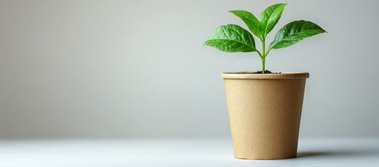 A small green plant sprouts from the soil in a brown paper pot against a white background.