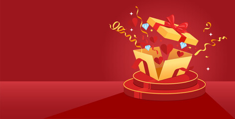 Mystery box, Surprise box standing on podium against red. Serpentine and colorful confetti flew out opened gift box wrapped by red bow. Happy birthday, or Christmas Secret present Surprise box.