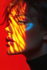 Naklejka premium Portrait of a woman with a bright light on her face, creative portrait