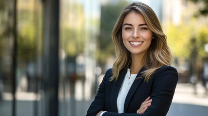 Naklejka premium Young happy and confident professional businesswoman standing outdoors on the street, looking at the camera