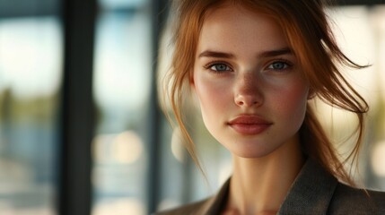Fototapeta premium Close-up of a young businesswoman with a focused look, wearing a blazer and with natural lighting highlighting her features