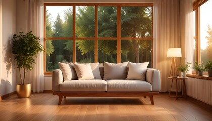 Interior mockup In a white room a blue sofa is placed next to a photo frame on the wall