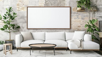 MOCKUP OF A WHITE EMPTY CANVAS WITH WOODEN FRAME 2:3 RATIO, IN A SIMPLE MODERN RUSTIC LIVING ROOM, AI Generative