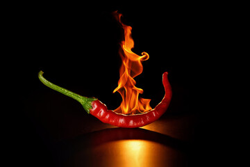 Red hot chili pepper, cayenne pepper, Capsicum annuum, with flame on black background, concept of...
